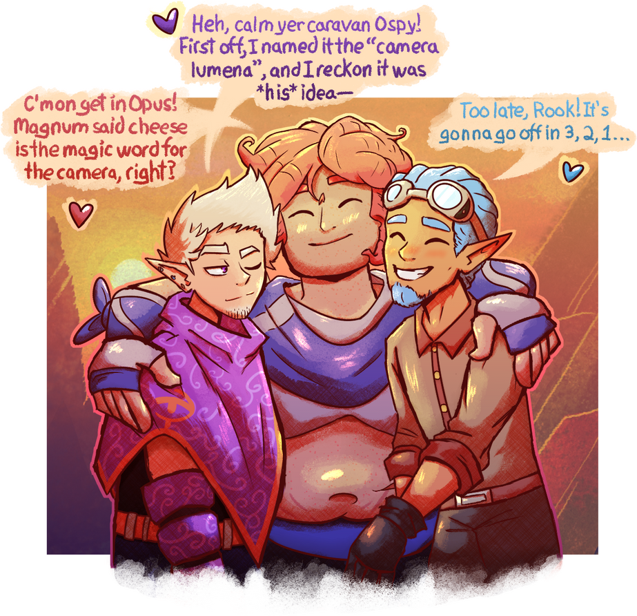 The married polycule Opus Loregit, Osprey Lorendiel, and Ephram Loregit pose to test out a new "camera lumena" prototype being handled by Magnum. ✦ Collab w/ TsunamiCoRyan