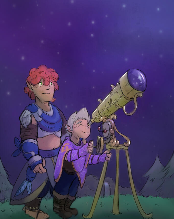 Opus and Osprey stargazing in the story A Star to Guide Us. ✦ Done by Orion