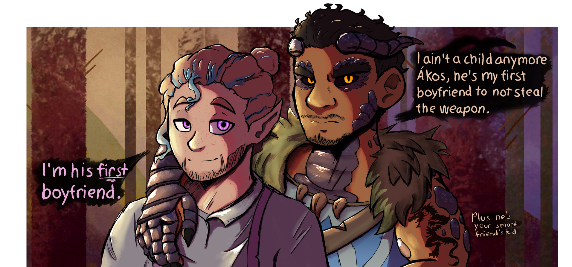 Şahin Kalnath (son of Ákos Kalnath and Isnath) with his arm wrapped around his new boyfriend Levin Loregit (son of Opus Loregit, Osprey Lorendiel, and Ephram Loregit) as Ákos badgers him. ✦ Collab w/ TsunamiCoRyan