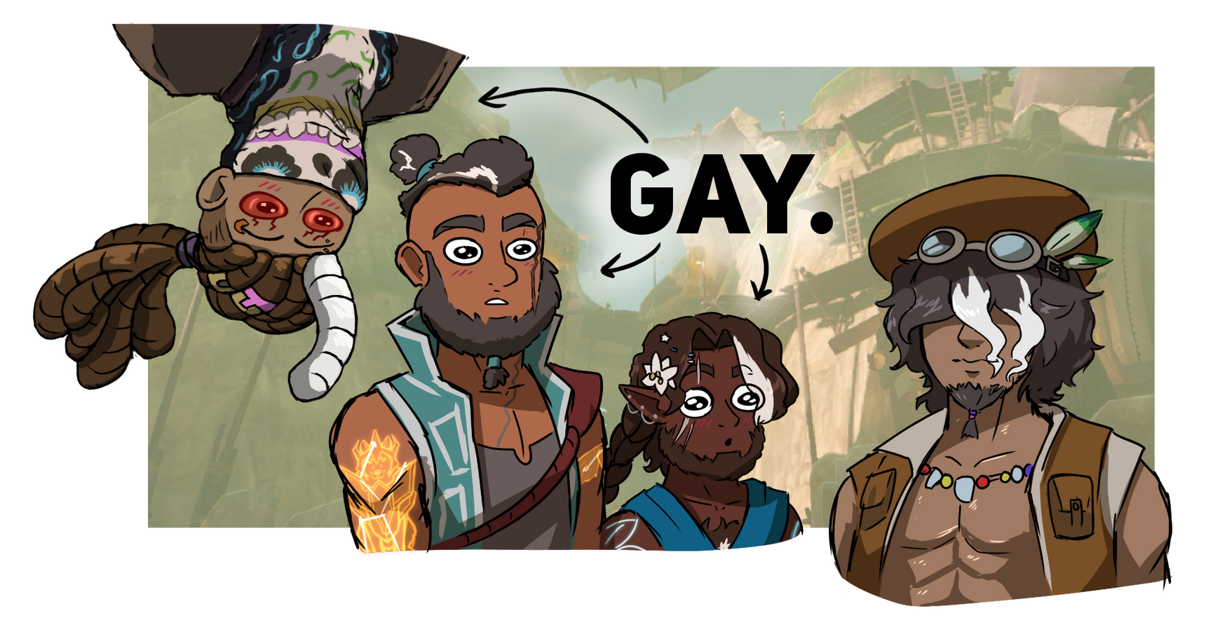 Silly doodle of EYEBALL, Ákos Kalnath, and Taroo ogling at Tauro from Zelda: Tears of the Kingdom. ✦ Collab w/ TsunamiCoRyan