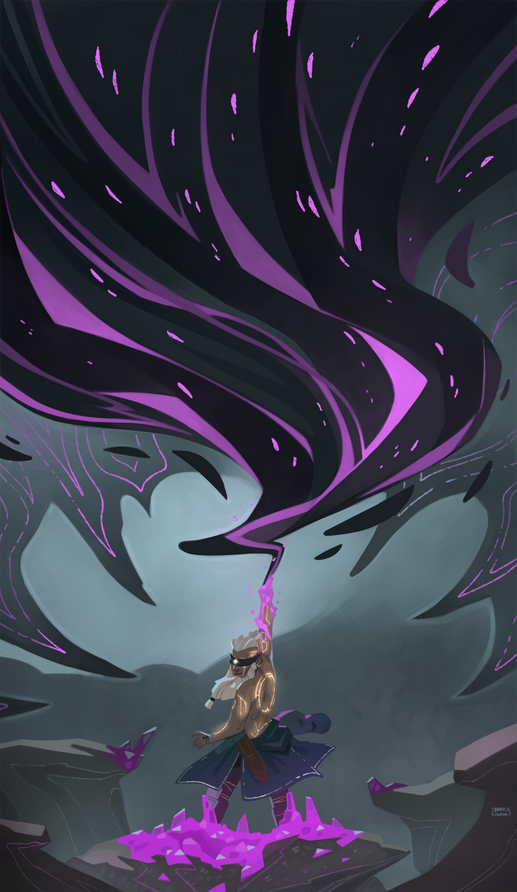 Tarot card of an older Ákos, now the Oracle Bard, as they absorb the world's first Ether Storm, crystallizing and sacrificing themself to delay the start of the Cataclysm. ✦ Done by MadnessDemon, edits by me