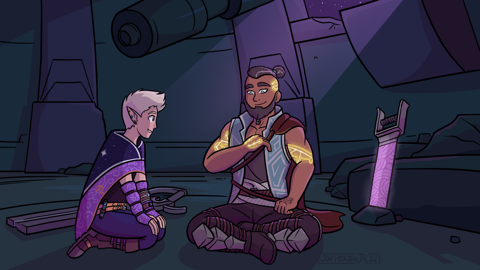 Opus Loregit sitting with their new friend Ákos Kalnath as the latter gains the constellation of Tessidrack on their hand near the end of the story One Small Step. ✦ Done by Jon Herzog