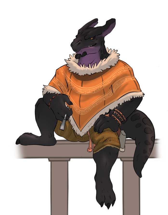 Isnath sits with a chisel wearing a cozy orange poncho Ákos bought for him. ✦ Done by Orion