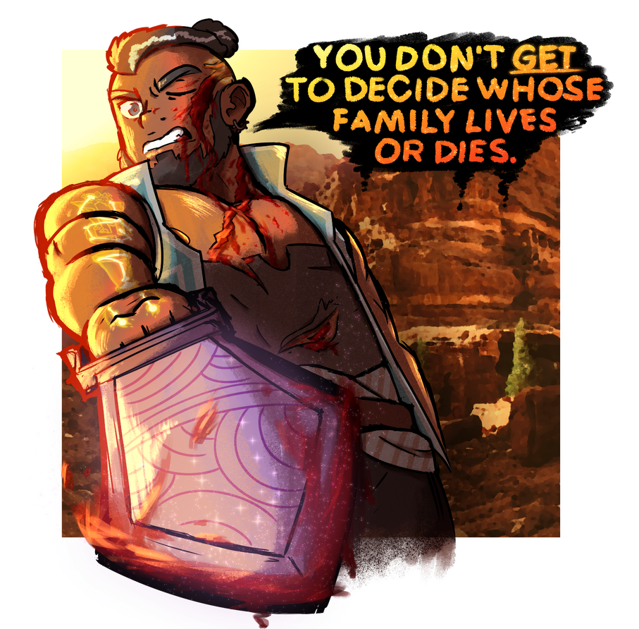 A bloodied Ákos threatens an elite dwarf general who sought to incarcerate and murder their clan of exiles. "You don't get to decide whose family lives or dies." ✦ Collab w/ TsunamiCoRyan