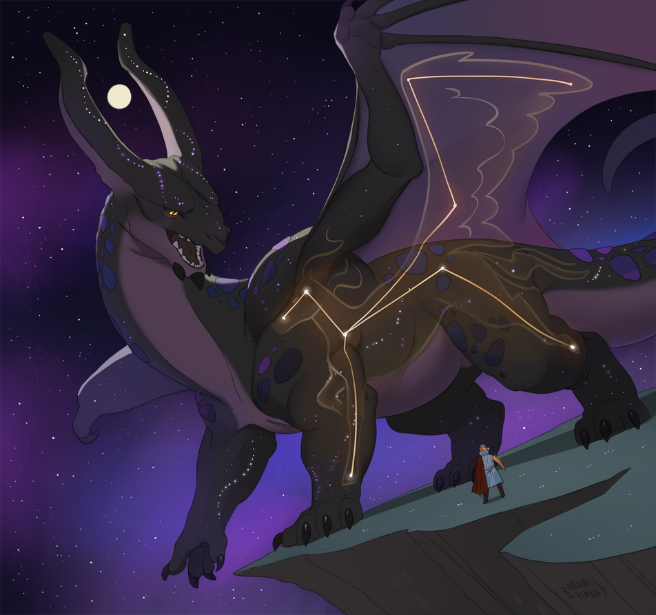 Ákos gazes up in awe towards their fiancé Isnath transformed into the Lunar Dragon. ✦ Done by MadnessDemon